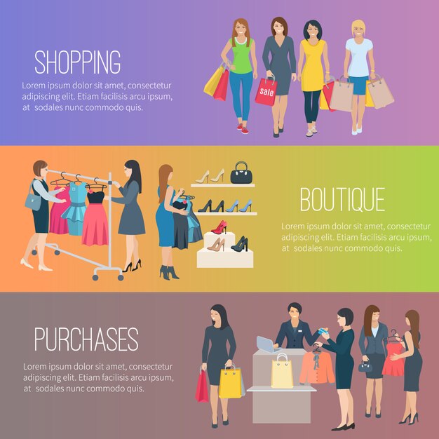 Coloree pancartas horizontales planas con texto que muestra a la mujer comprando en la boutique
