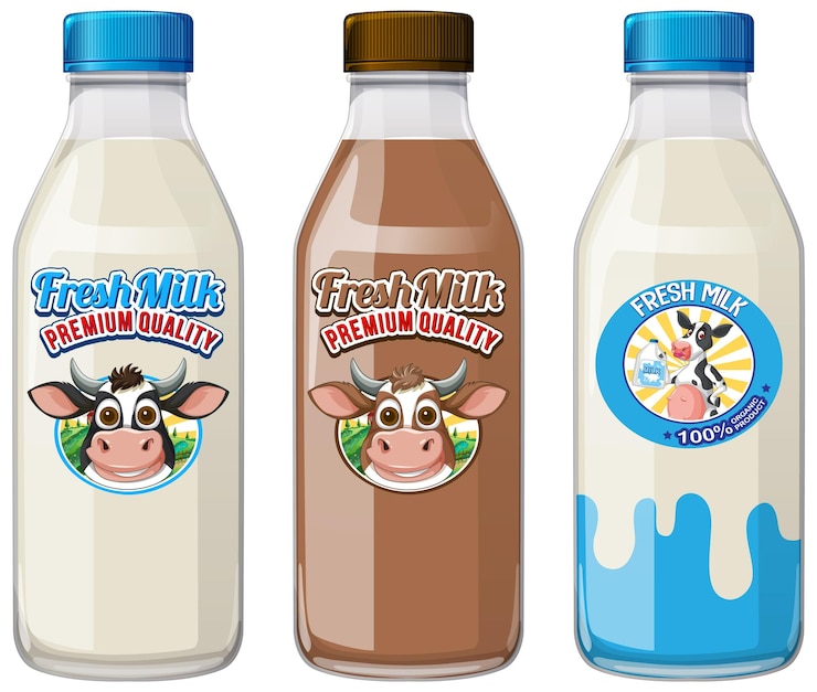 Vector gratuito colorful milk bottle vector illustration set
