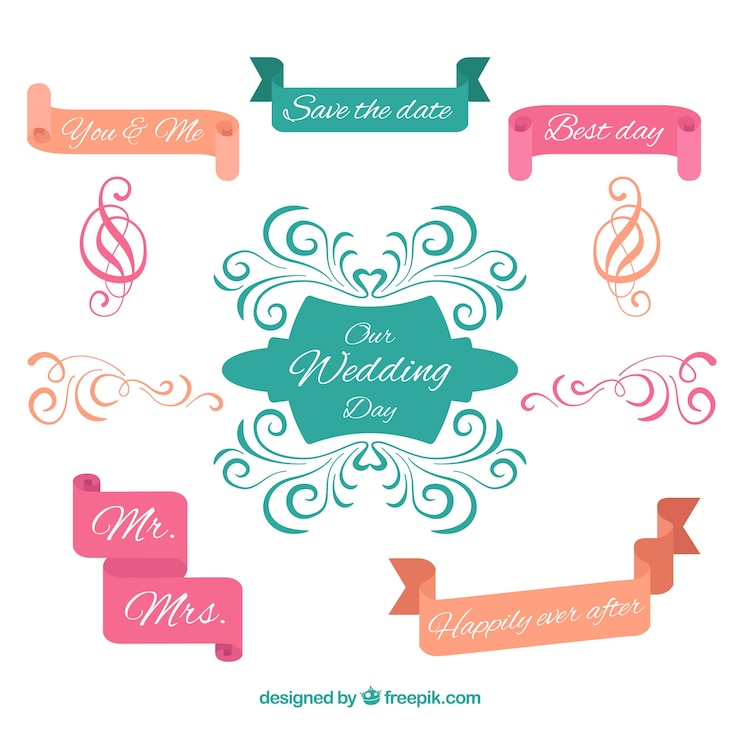 Vector gratuito colorida colección de adornos de boda en diseño plano