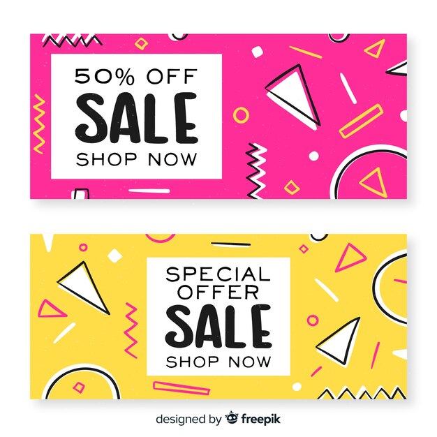 Colorida colección de banners de rebajas en estilo memphis