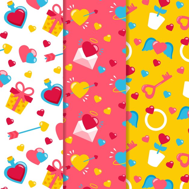Colorida colección de patrones de San Valentín en diseño plano