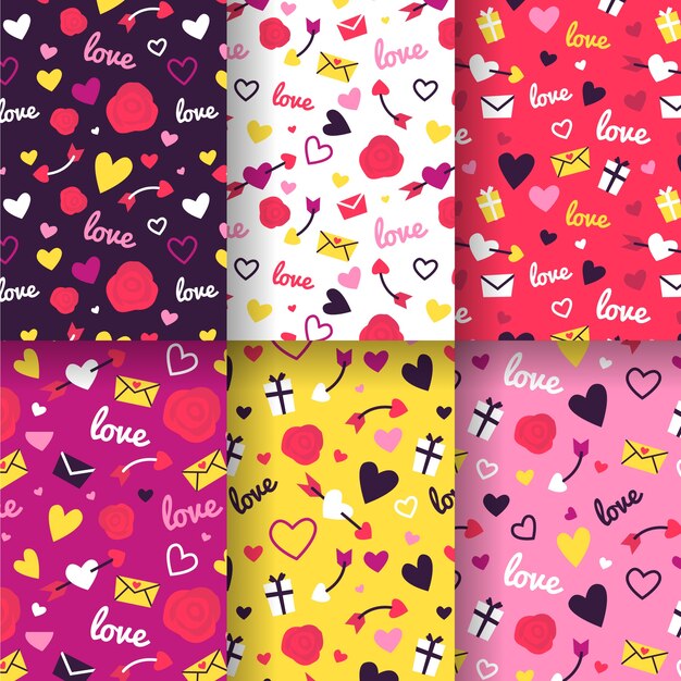 Colorida colección de patrones de San Valentín en diseño plano