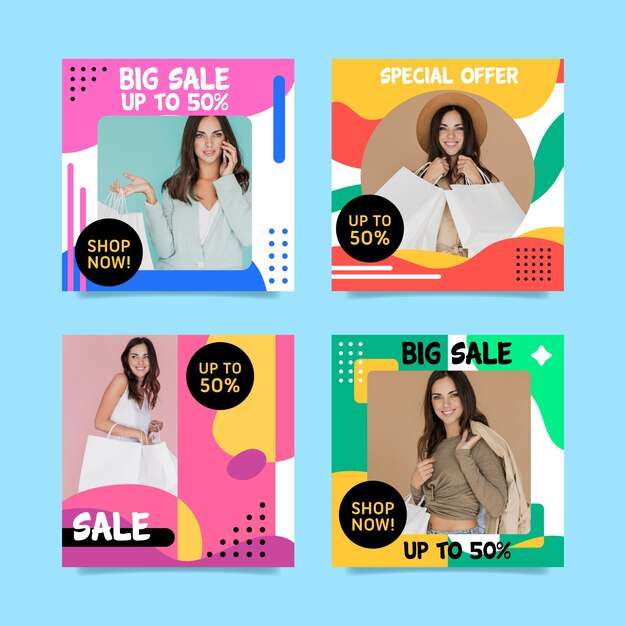 Colorida colección de publicaciones de instagram de ventas