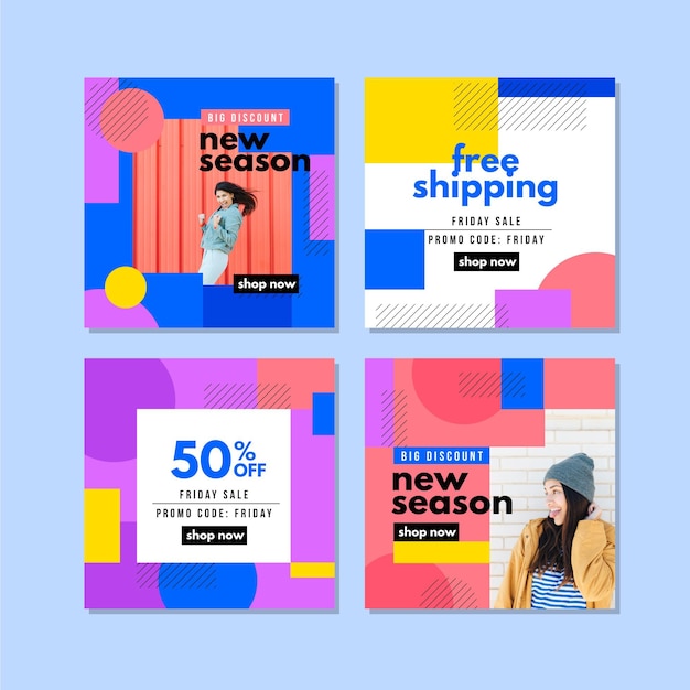 Vector gratuito colorida colección de publicaciones de instagram de ventas