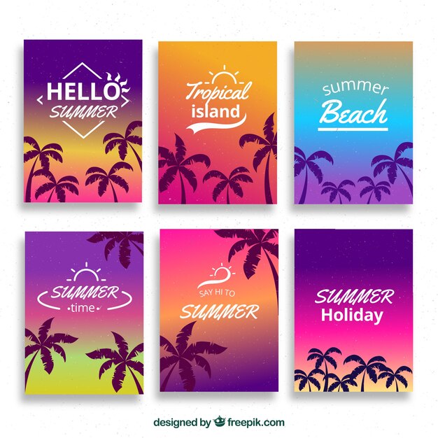 Colorida colección de seis tarjetas de verano