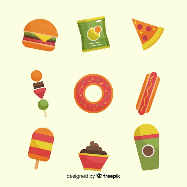 Colorida colección de snacks con diseño plano.