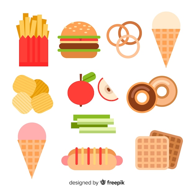 Colorida colección de snacks con diseño plano.