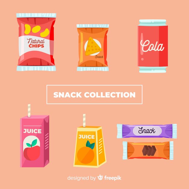 Colorida colección de snacks con diseño plano.