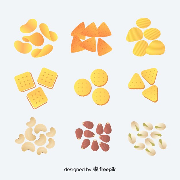 Colorida colección de snacks con diseño plano.