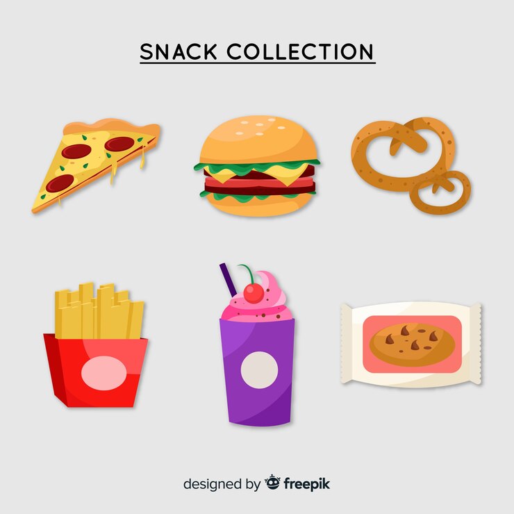 Vector gratuito colorida colección de snacks con diseño plano.