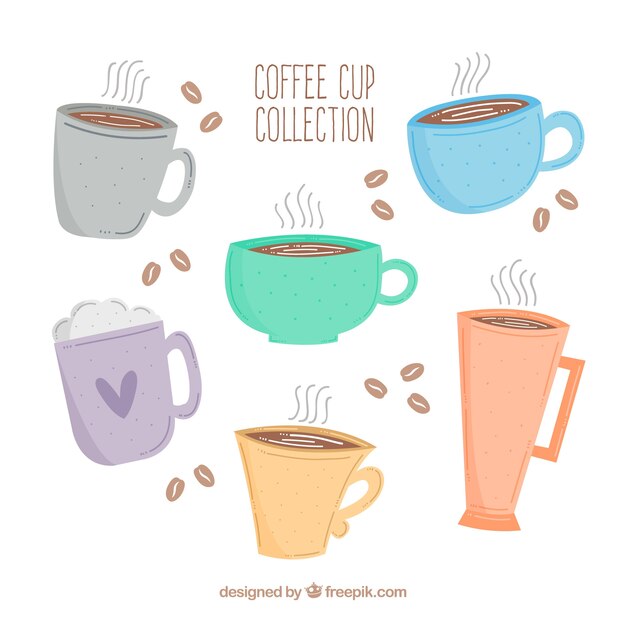 Colorida colección de tazas de café dibujados a mano