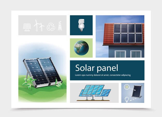 Colorida composición de ahorro de energía con paneles solares en el césped y en el techo de la casa Planeta Tierra bombilla derrick turbinas eólicas reciclaje iconos de señal