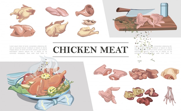 Colorida composición de carne de pollo con patas pechuga de jamón alas filete muslo corazón hígado cuchillo sobre tabla para cortar pollo asado