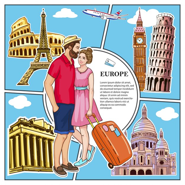Colorida composición de Viaje a Europa con pareja de enamorados volando avión y atracciones famosas de Roma Atenas Londres París Ciudad del Vaticano