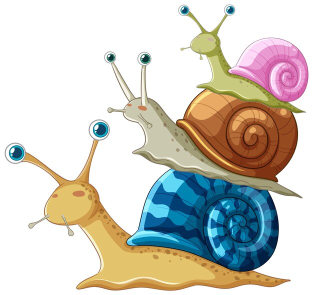 La colorida familia de caracoles en una ilustración vectorial