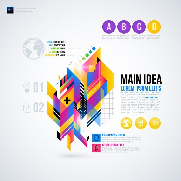 Colorida infografía abstracta con texturas luminosas 