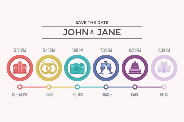 Colorida línea de tiempo de boda en estilo lineal