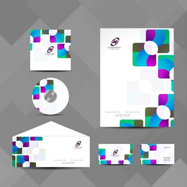 Colorida papelería empresarial con formas geométricas onduladas