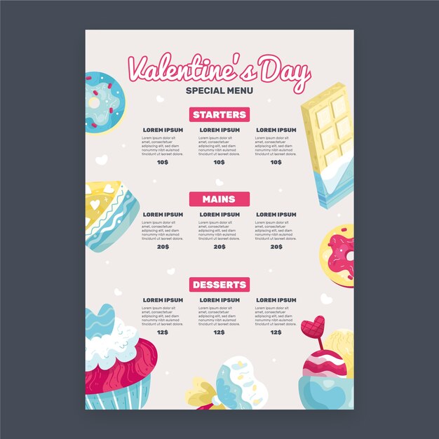 Colorida plantilla de menú del día de san valentín
