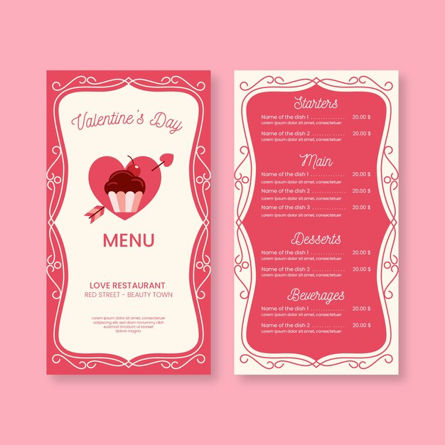 Colorida plantilla de menú del día de san valentín