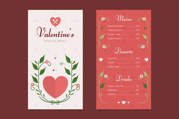 Colorida plantilla de menú del día de san valentín