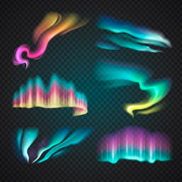 Vector gratuito coloridas auroras boreales de diferentes formas y colores con degradado sobre fondo transparente oscuro ilustración vectorial aislada