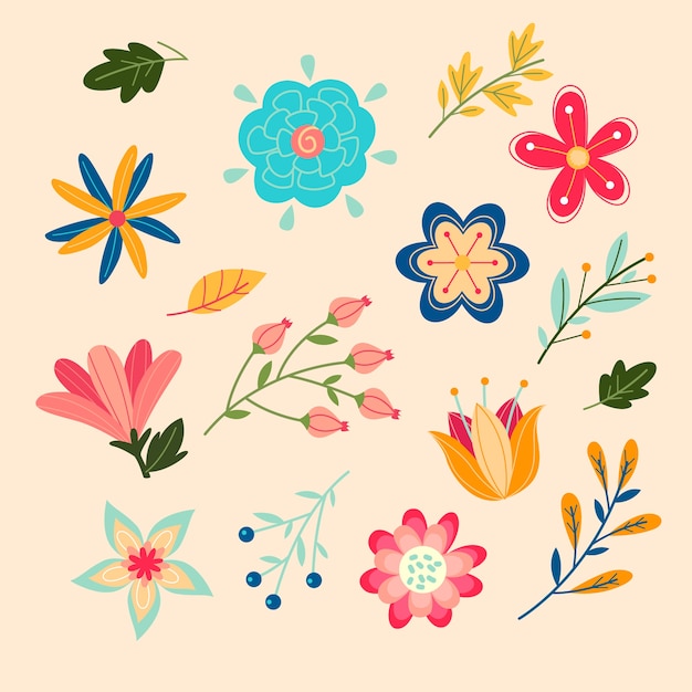 Vector gratuito coloridas flores y hojas aisladas en diseño plano de fondo rosa