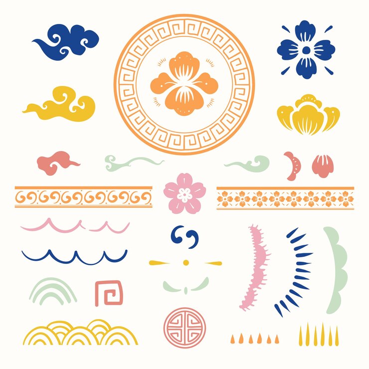 Vector gratuito coloridas flores tradicionales chinas vector tipo conjunto de tatuajes temporales