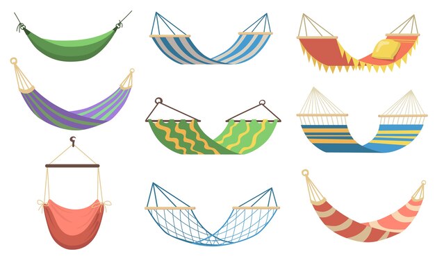 Coloridas hamacas de diferentes tipos planos para diseño web. Hamacas de dibujos animados para relajarse, balancearse, dormir, descansar en la colección de ilustraciones vectoriales de playa. Concepto de recreación y vacaciones de verano.