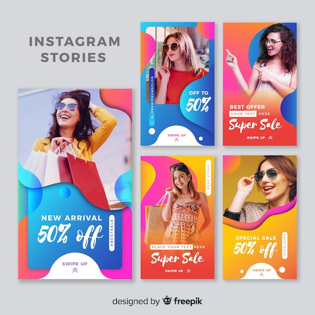 Vector gratuito coloridas historias de instagram de venta abstracta con foto