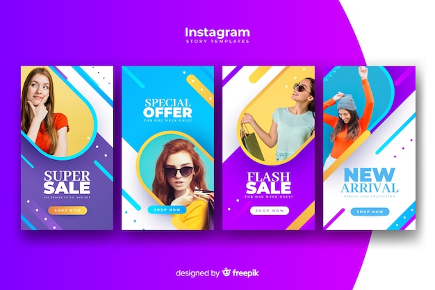 Vector gratuito coloridas historias de instagram de venta abstracta con foto