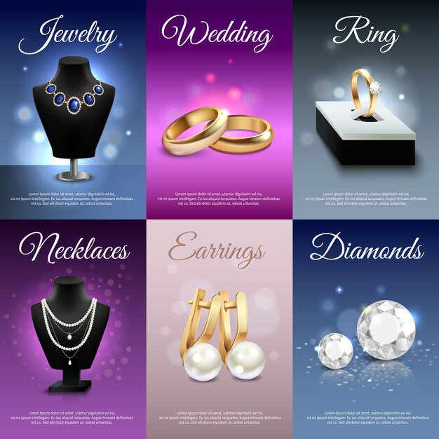 Coloridas joyas realistas banners con collares anillos pendientes diamantes.