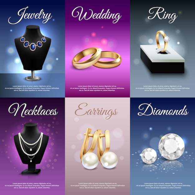 Coloridas joyas realistas banners con collares anillos pendientes diamantes.