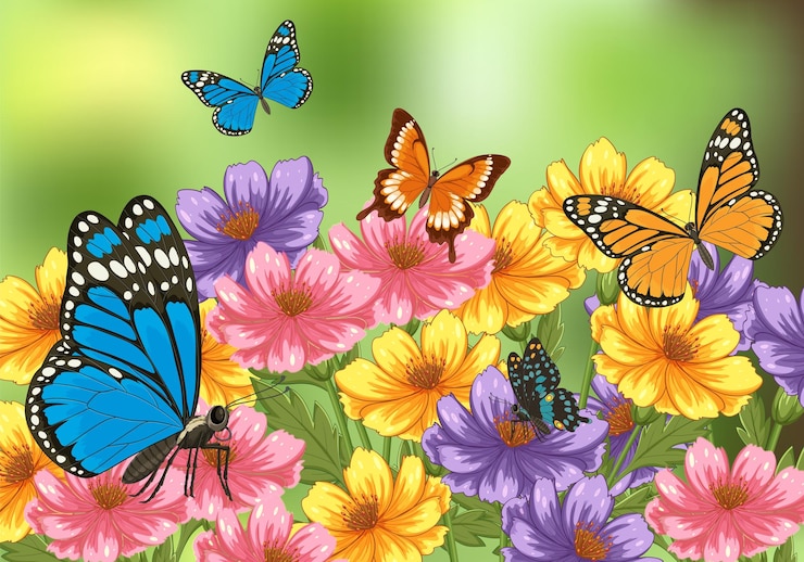 Vector gratuito coloridas mariposas y flores en una ilustración vectorial