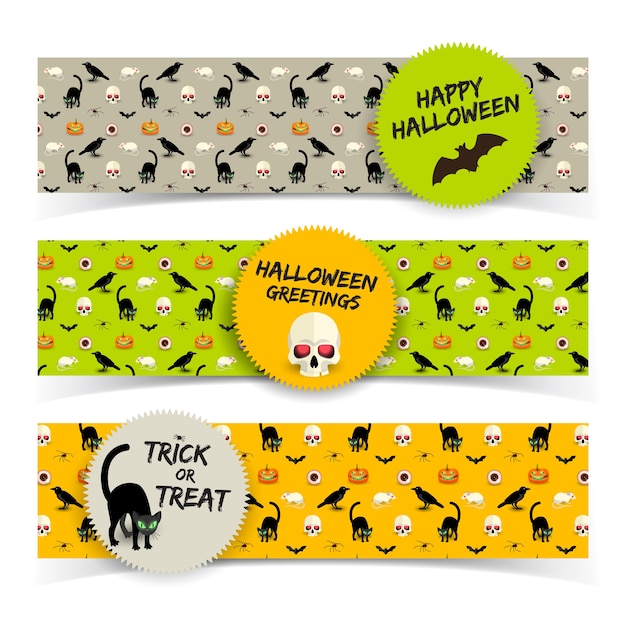 Coloridas pancartas horizontales de halloween con pegatinas cráneo gato negro cuervo murciélago calabaza rata ojo humano