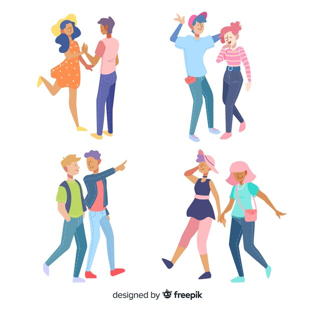 Coloridas parejas jóvenes caminando juntos