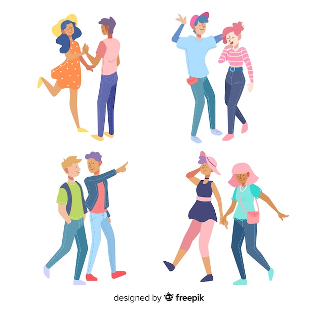 Coloridas parejas jóvenes caminando juntos