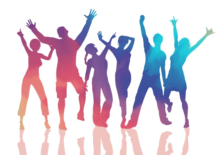 Vector gratuito coloridas siluetas de personas bailando sobre un fondo blanco.