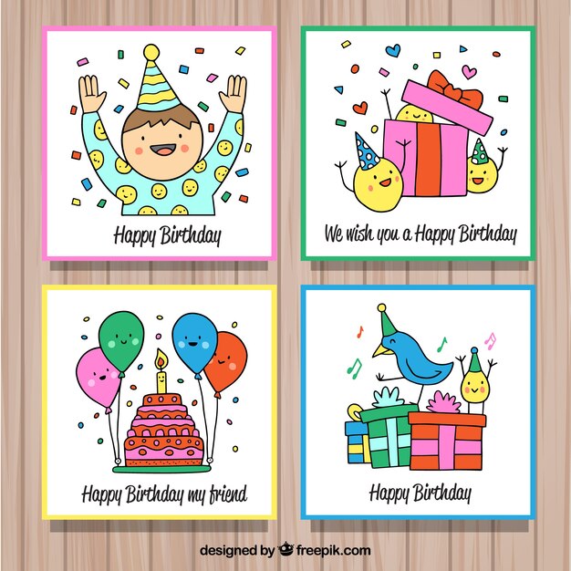 Coloridas tarjetas de cumpleaños dibujadas a mano