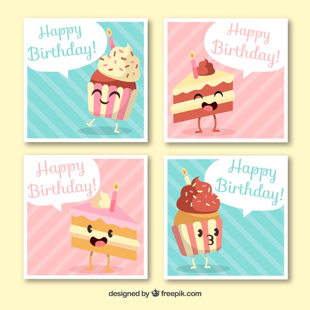 Coloridas tarjetas de cumpleaños con pastel en estilo de dibujos animados