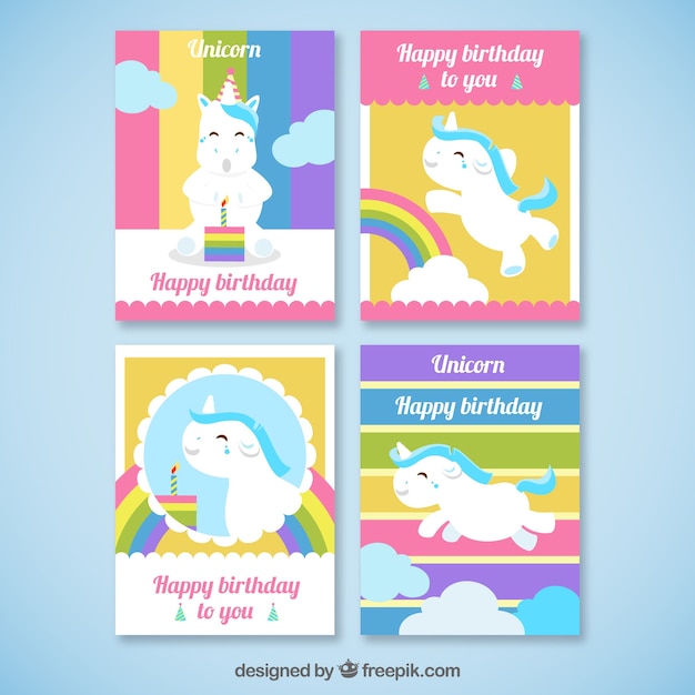 Vector gratuito coloridas tarjetas de cumpleaños con unicornios