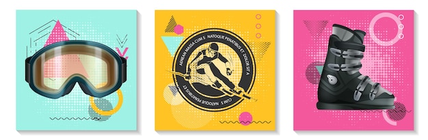 Coloridas tarjetas de deportes de invierno con gafas de snowboard realistas, etiqueta de esquiador monocromática de arranque en geometría moderna