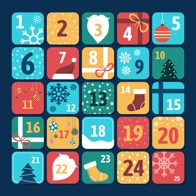 Colorido calendario de adviento en diseño plano