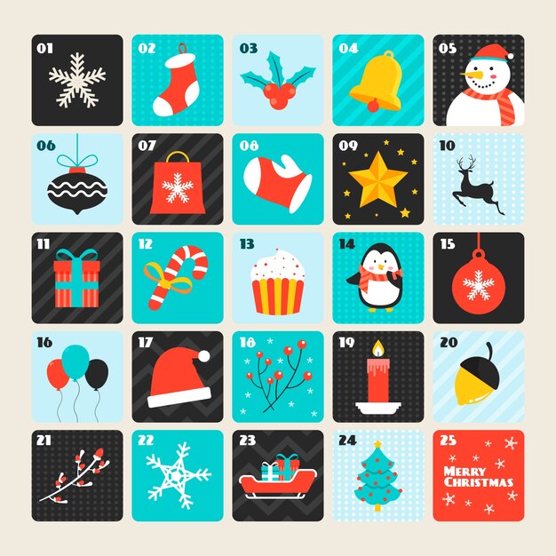 Colorido calendario de adviento en diseño plano