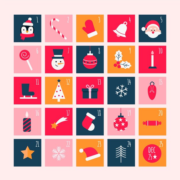 Colorido calendario de adviento en diseño plano