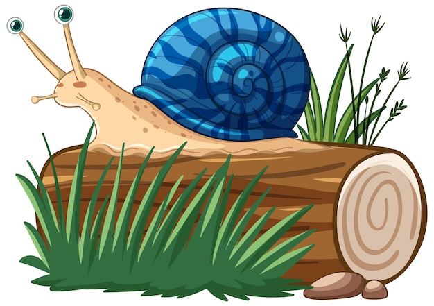 El colorido caracol en el tronco con la ilustración de la hierba