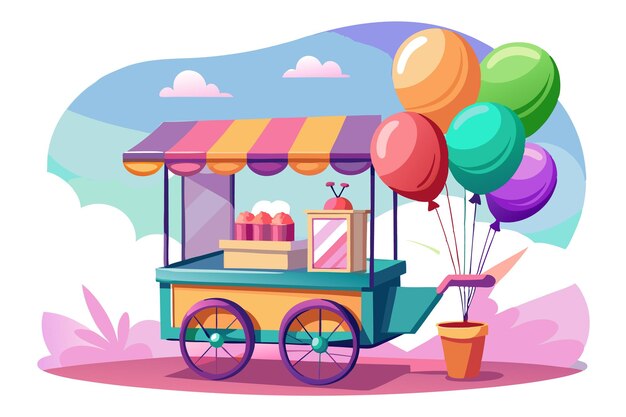 Un colorido carrito de comida de dibujos animados con un toldo a rayas y globos en un día soleado