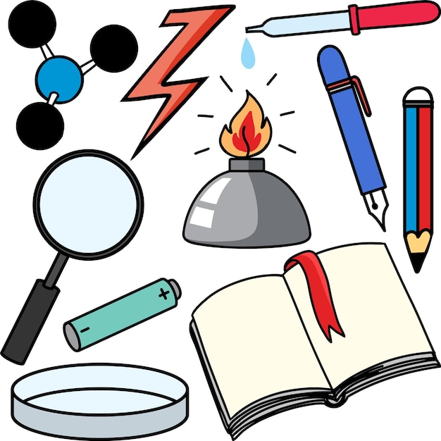 colorido, ciencia, objetos, y, iconos, vector, conjunto