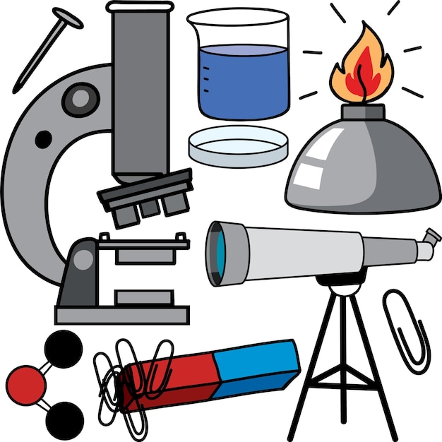 colorido, ciencia, objetos, y, iconos, vector, conjunto