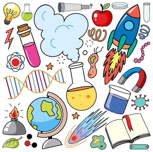 colorido, ciencia, objetos, y, iconos, vector, conjunto
